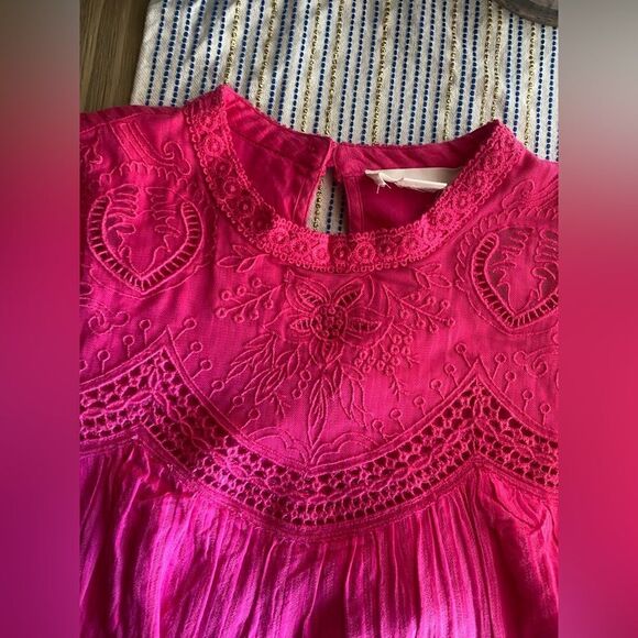 Anthropologie Womens Embroidered Peasant Blouse Top Size S Magenta Long Sleeve - Picture 7 of 14
